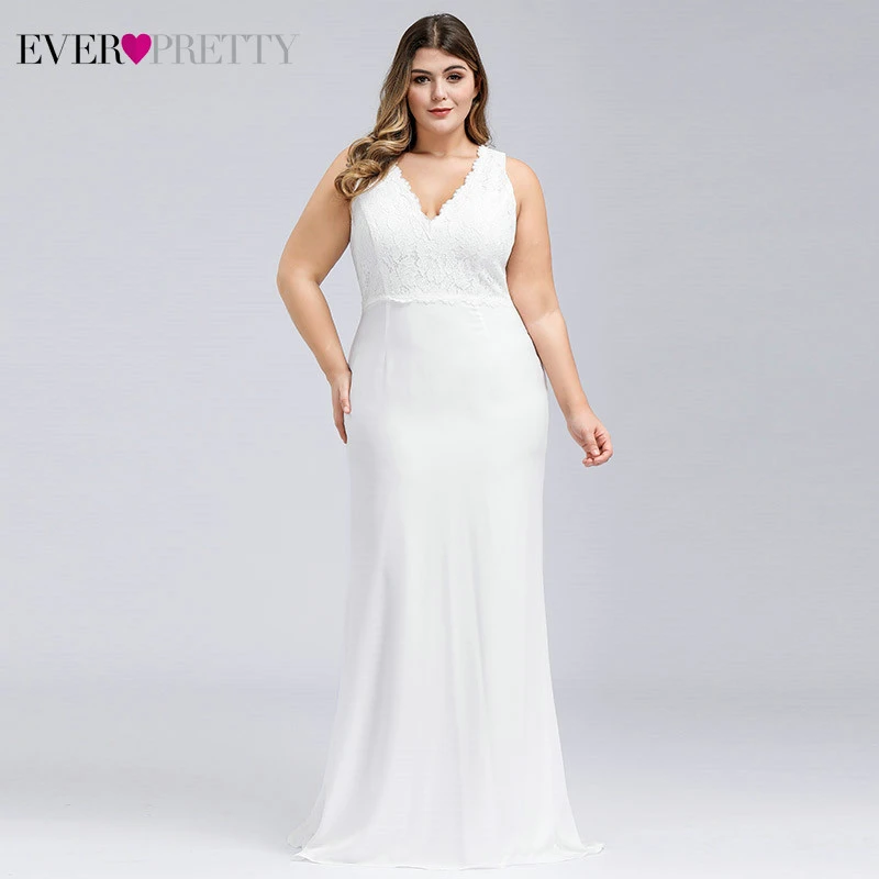 

Plus Size Lace Wedding Dresses Ever Pretty EP07385CR Ruched V-Neck Sleeveless Sweep Train Elegant Bride Gowns Vestido De Noiva