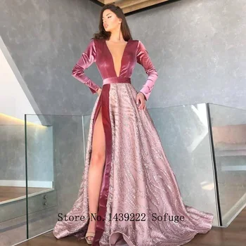 

Pink Bling Sequin V Neck High Slit Evening Dresses Aline Prom Long Sleeves Vestidos De Fiesta Robe De Soiree Plus Size