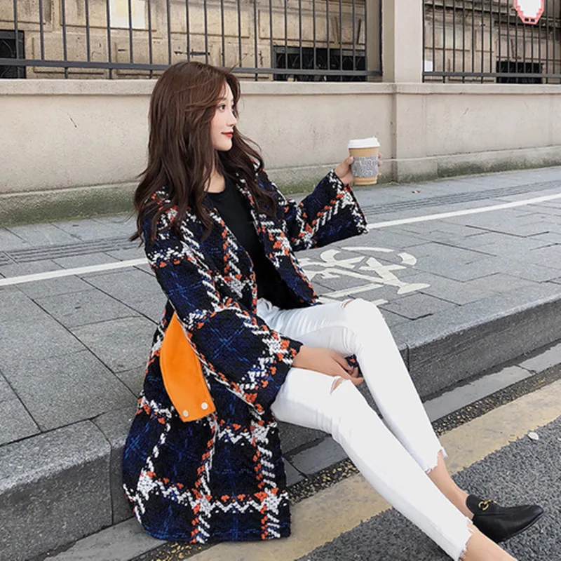 

2019 Autumn Winter Korean Edition New Pattern Women Tweed Coat Fashion Medium length Paragraph lattice Single Button Loose Coat