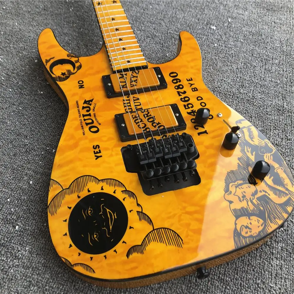 Желтый KH-2 Ouija Kirk Hammett Cynthia электрогитара, луна и звезды инкрустация ES гитара a, кленовый гриф