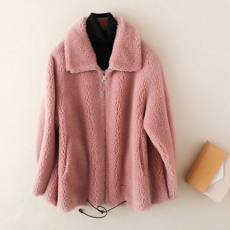 Pink Роскошная натуральная шерстяная куртка с мехом пальто зимнее женское меховое пальто LF9056 - Цвет: Pink