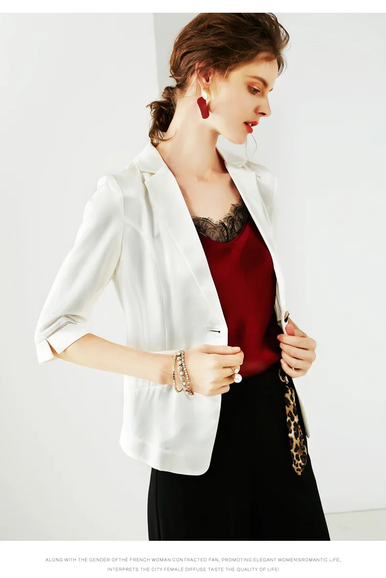 Летний стиль женское платье триацетат сатин рукав три четверти Костюм жакет женский сплошной цвет облегающий Топ R
