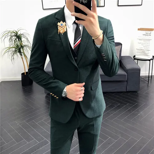 High-end Мужские двубортная куртка, комплект из 3 предметов: обтягивающий официальный Брюки жилет E4 - Цвет: Dark Green1