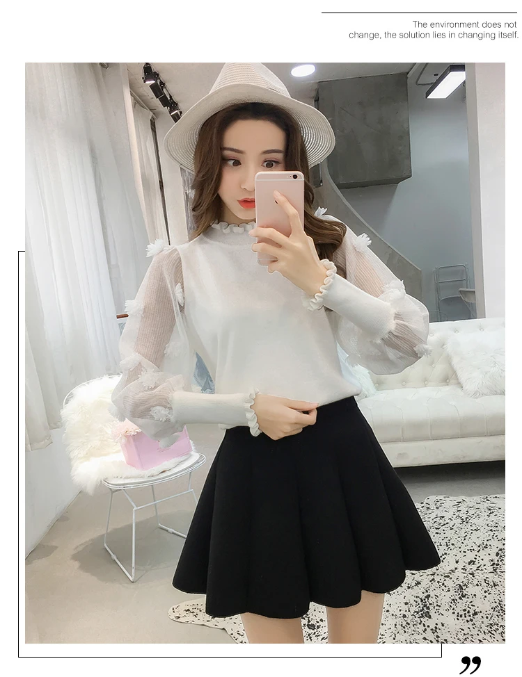 Woherb Pull Femme, водолазка с длинным рукавом-фонариком, женский свитер в стиле пэчворк, прозрачные пуловеры с 3d цветами, корейский стиль, новинка 91223