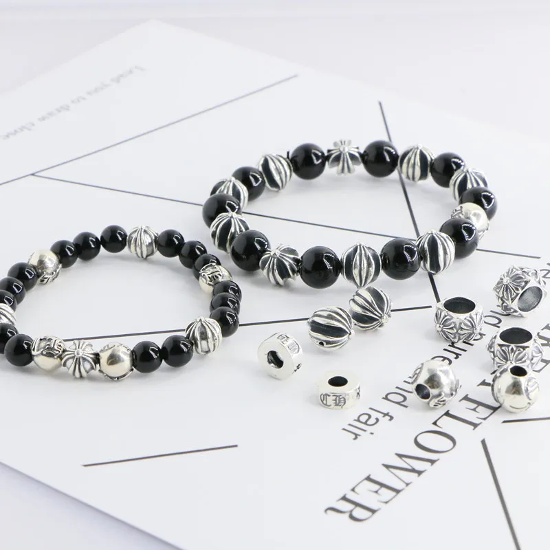 

925 sterling silver bracelet personality fashion retro retro round beads obsidian styling hip hop punk jewelry gift for lover