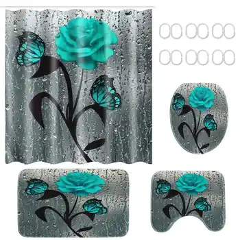 

Green Butterfly Rose Pattern Waterproof Print Shower Curtain 4 Piece Carpet Cover Toilet Cover Bath Mat Pad Set Bathroom Curtain