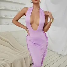 Z Culvert 2021Summer Fall Solid  Sexy Deep V Neck Fashion Sleeveless Ruffles Sheath booty Hollow Out Backless dress Women Halter