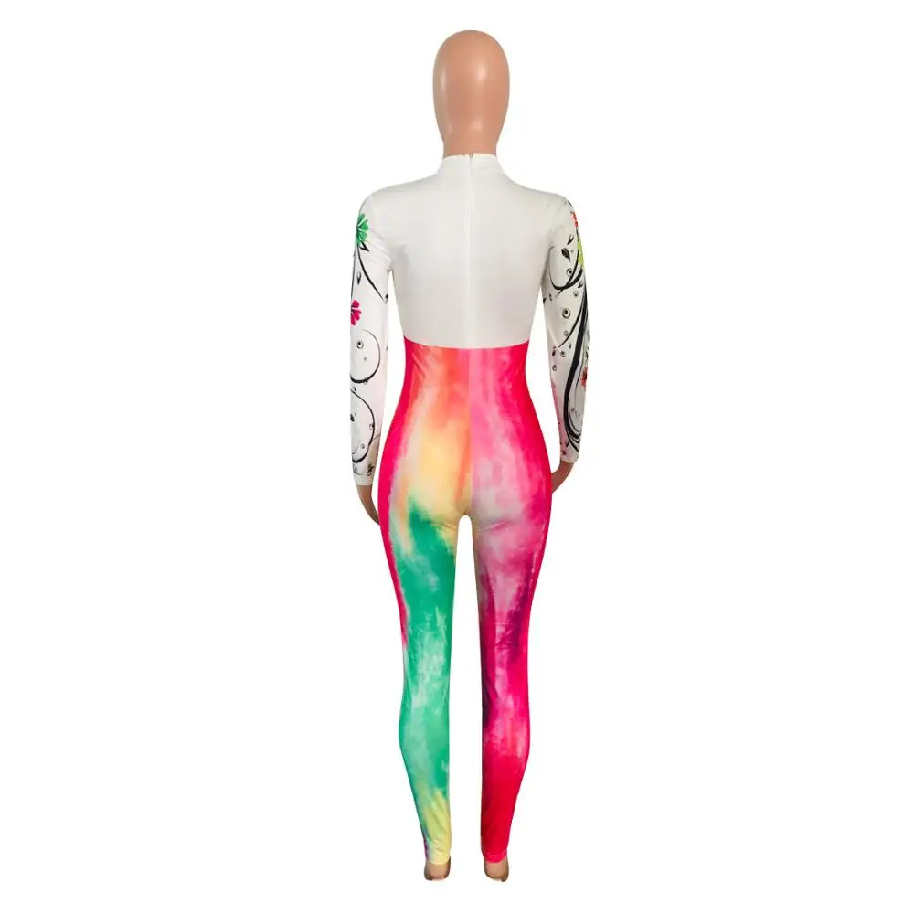 Adogirl Women Floral Print Tie-Dye Jumpsuit Romper Long Sleeve Zipper Bodycon Playsuit 2020 Casual Fashion One Piece Bodysuit