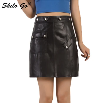

Genuine Leather Skirt Highstreet Black Button Front High Waist A Line Skirt Women Autumn Casual Office Lady Workwear Solid Skirt