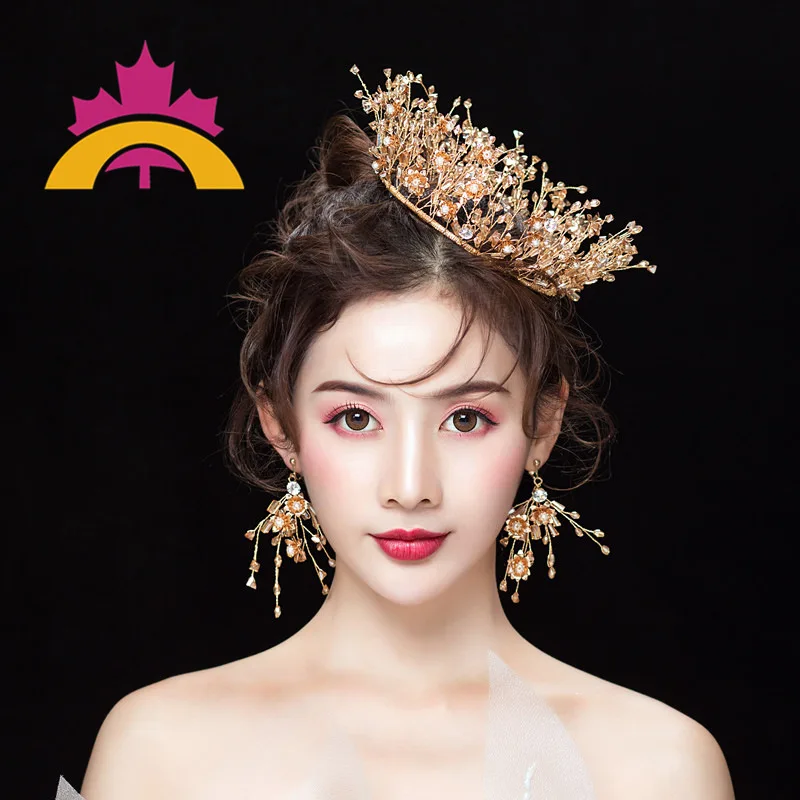 

Qiao feng New Style Korean Style Retro Bride Crown Headdress Gold Earrings Set Princess Crown Wedding Dress Accessories