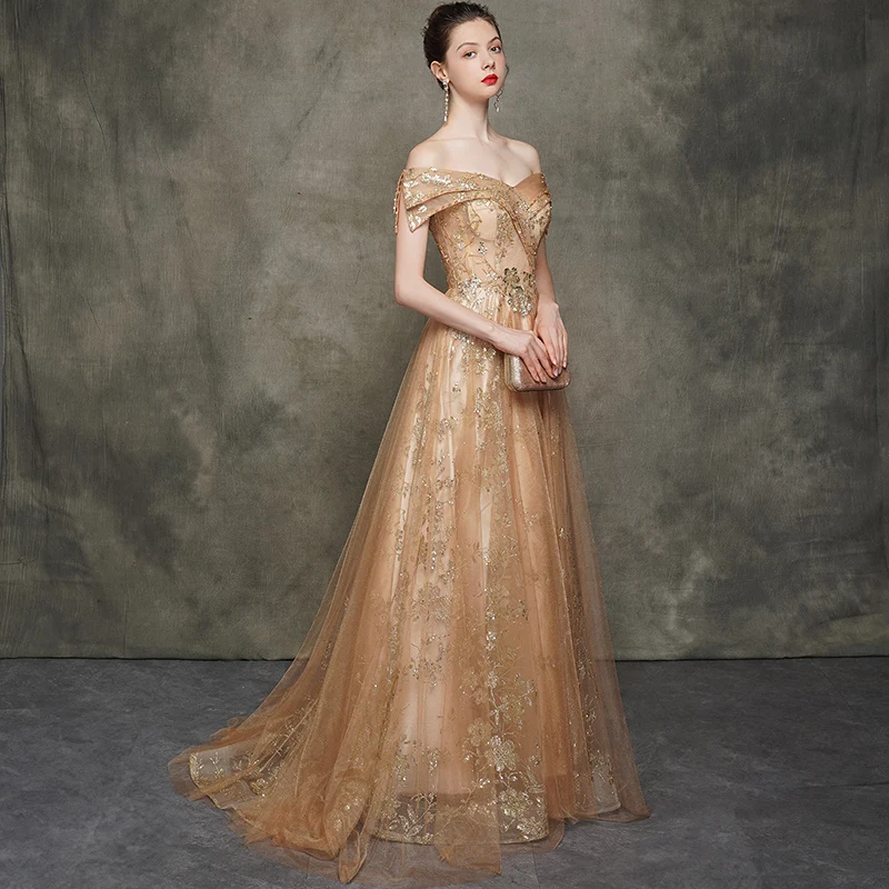 Vestido Formatura, золотое платье для выпускного вечера, длинное,, с открытыми плечами, Vestidos De Gala, вечерние платья с блестками, Robe De Soiree