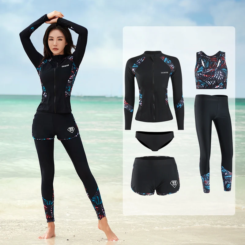 Long Sleeve Rash Guard Women Print 5 Pieces Swimsuit Zipper Swimwear  Bathing Suits Surfing Pad Long Pant Couples Men 3 pieces