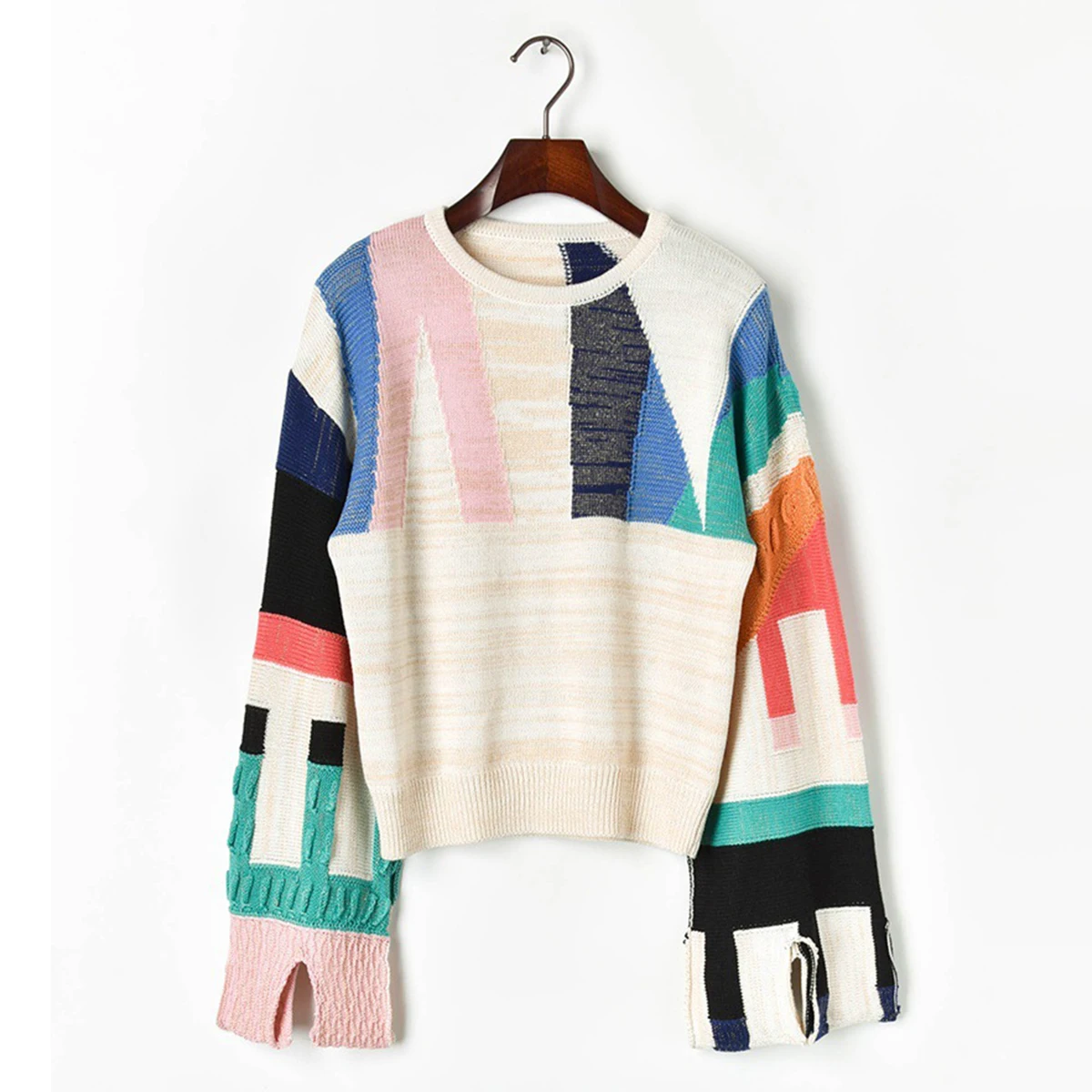 Богемный Вдохновленный многоцветный женский пуловер вязаный зимний модный свитер женский с разрезом рукав круглый вырез джемпер - Цвет: Белый