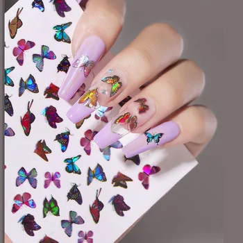 

1 Sheet Laser Butterfly Sticker For Nails Adhesive Sliders 3D Back Glue Colorful Nail Art Transfer Decals Foils DIY Decorations