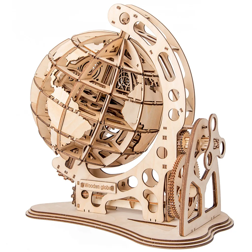 

3D Wooden Globes Puzzle, Self Assembling Mechanical Drive, DIY Brain Teaser Children Fun Play Creative Game