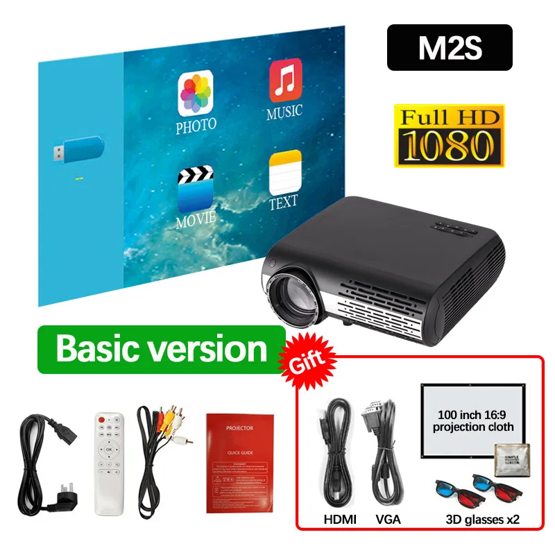 M2-HD Real tv M2 серия Full HD 1080P светодиодный проектор домашний мультимедийный проектор на выбор Android WiFi HDMI USB AV видео Bluetooth Proyector с подарком - Цвет: M2-HD