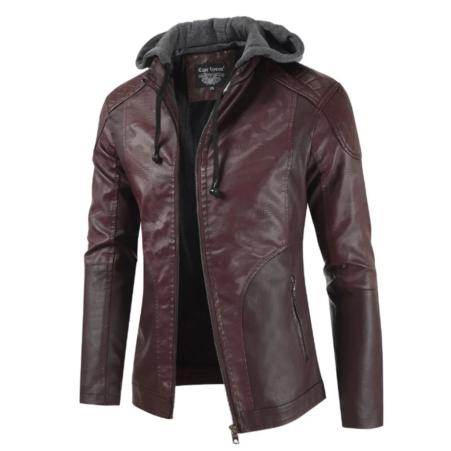 Winter faux leather fleece biker jacket with removable hood mens plus sizes thick long sleeve black jacket casual coats 3 colors