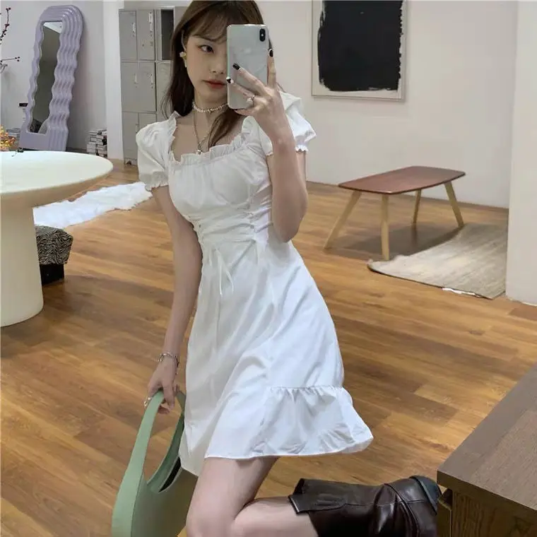 Trendy Streetwear Women Dress A-line Mini Sweet Summer Girls Cool Harajuku Puff Sleeve Empire Simple White Solid Mujer Vestido little black dress Dresses