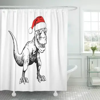 

Decorative Shower Curtain Dino Graphical Dinosaur in Santa Claus Hat White Year Black Monster Ancient Waterproof Bathroom