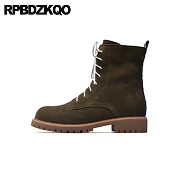 

green flat shoes short sheepskin faux fur front lace up casual ankle boots autumn suede military japanese round toe combat women