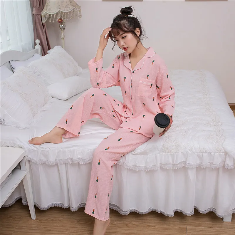 Full Printed Carrot Picture Cotton Cardigan V-neck Pajamas Set for Ladies Autumn and Winter Cute Sweet Home Clothes Women Pijama