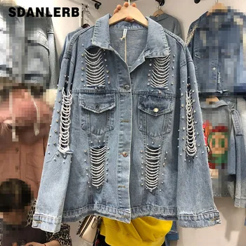 

2020 Spring New Korean-Style Hand-Made Pearl Bead Ripped Distressed Loose-Fit Jacket Women's Casual Jacket Jean Jacket Coat