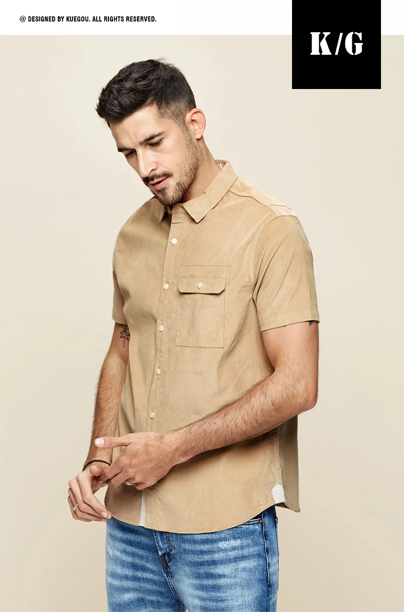 shirt short sleeve corduroy Pure color 