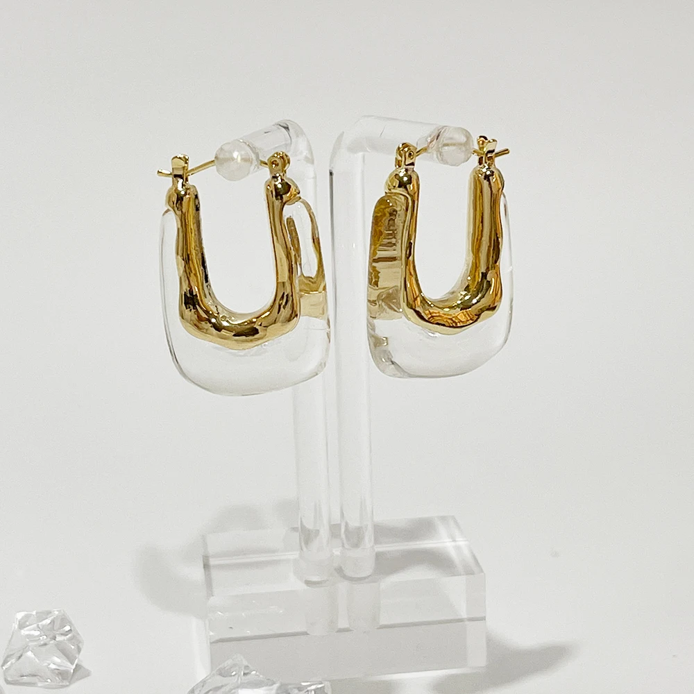 Peri'sBox Exaggerated Transparent Resin U-Shaped Hoop Earring For Women Large Acrylic Irregular Geometric Vintage Huggie Earring