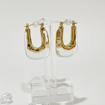 Peri'sBox Exaggerated Transparent Resin U-Shaped Hoop Earring For Women Large Acrylic Irregular Geometric Vintage Huggie Earring
