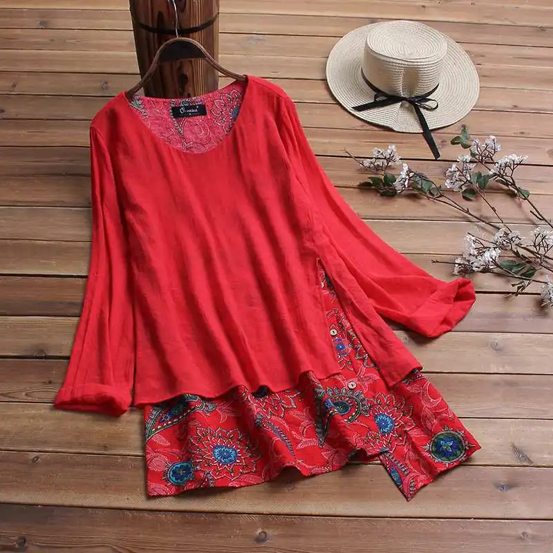 Fashion Women's Print Blouse ZANZEA Patchwork Tops Casual Long Sleeve Asymmetrical Shirts Female Blusas Plus Size Tunic