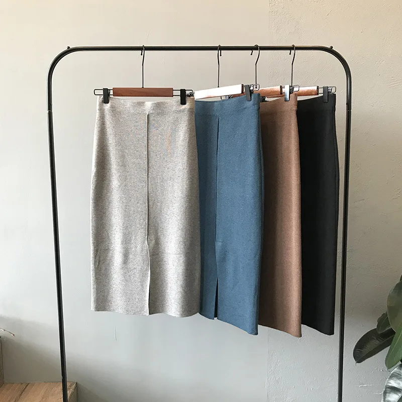 High Waist Women Knitted Bodycon Women Pencil Skirt Sexy Split Hem Long Skirts Vintage Women Skirt Faldas Jupe Femme Saia