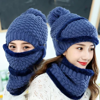 

3-Piece Set Womens Winter Plus Velvet Hat Set Thickend Knitted Hat Scarf Face Cover Outdoor Hogard