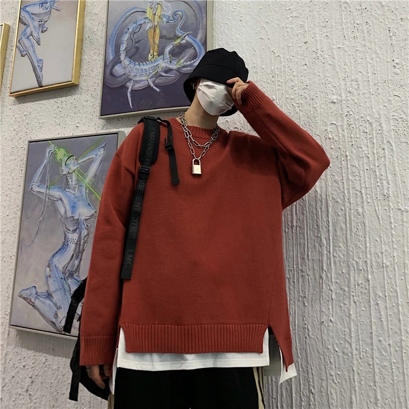 Корейский мужской свитер Харадзюку, Одноцветный, новинка, Свободный вязаный свитер, мужской свитер с круглым вырезом и длинным рукавом, свитер пуловер большого размера