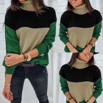 

Warm Winter Women Long Sleeve Color Patchwork High Turtleneck Knitted Sweater Ladies Jumper Pullover Top Knitwear
