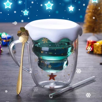 

300ML Double Wall Glass Cup Coffee Mug Layered Anti Scald Christmas Tree Starry Sky with Lid Children Christmas Gift New Year