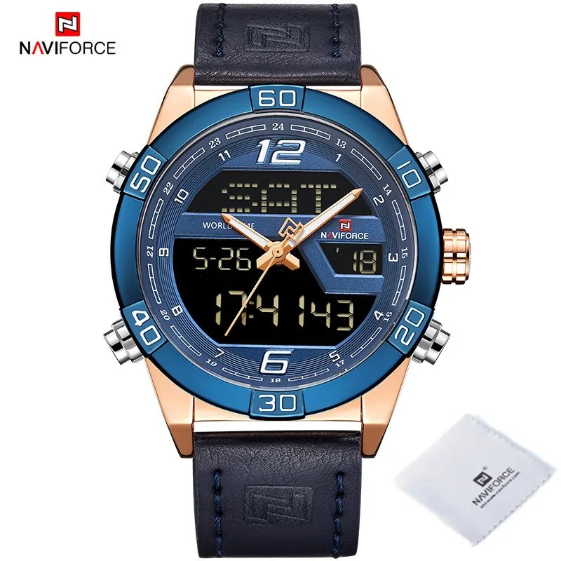 NAVIFORCE Business Watch for Men Genuine Leather Dual Display Digital Clock Waterproof Dial Fashion Wristwatch Relogio Masculino 