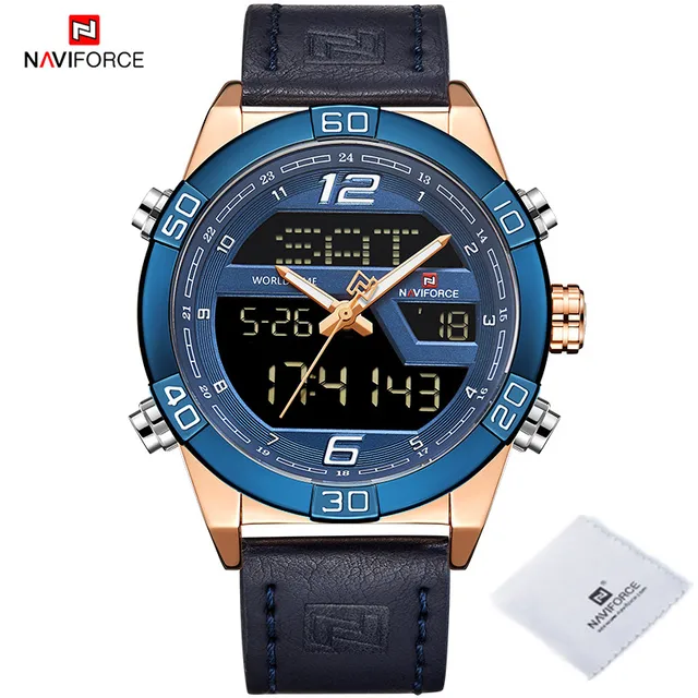 NAVIFORCE Luxury Gold Watches For Men Leather Band Waterproof Digital Alarm Sport WristWatch Man Military Dual Time Quartz Clock RGBEBE