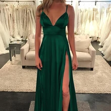 Простое зеленое атласное платье для выпускного вечера с v-образным вырезом, длинное платье на бретельках с высоким разрезом, вечерние платья, Robe De Soiree