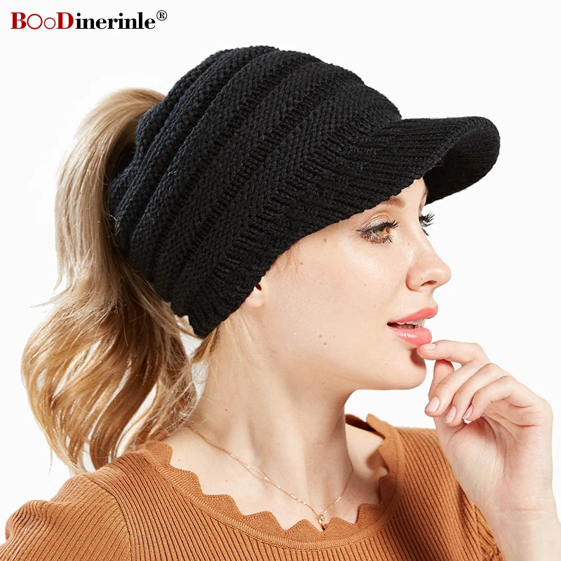 BOoDinerinle, женские шапки, белые, вязаные, бейсбольные, конский хвост, шапочка, шапки для женщин, осенняя шапка, Повседневные шапки с полями