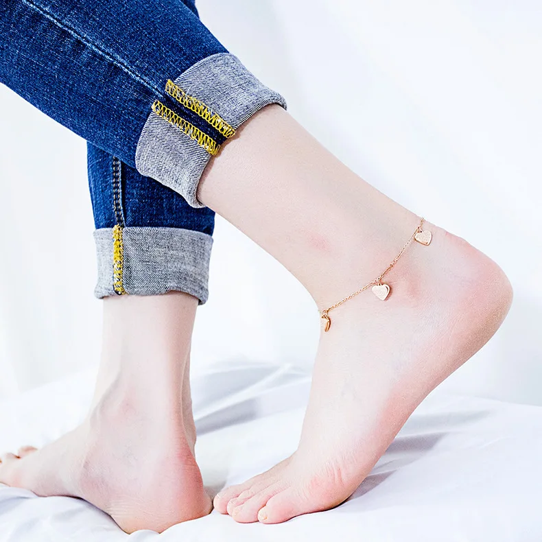 OPK корейский стиль Летняя Пляжная мода титановая сталь ножной браслет двойной слой тусклый лак сердце персик сердце ноги украшения