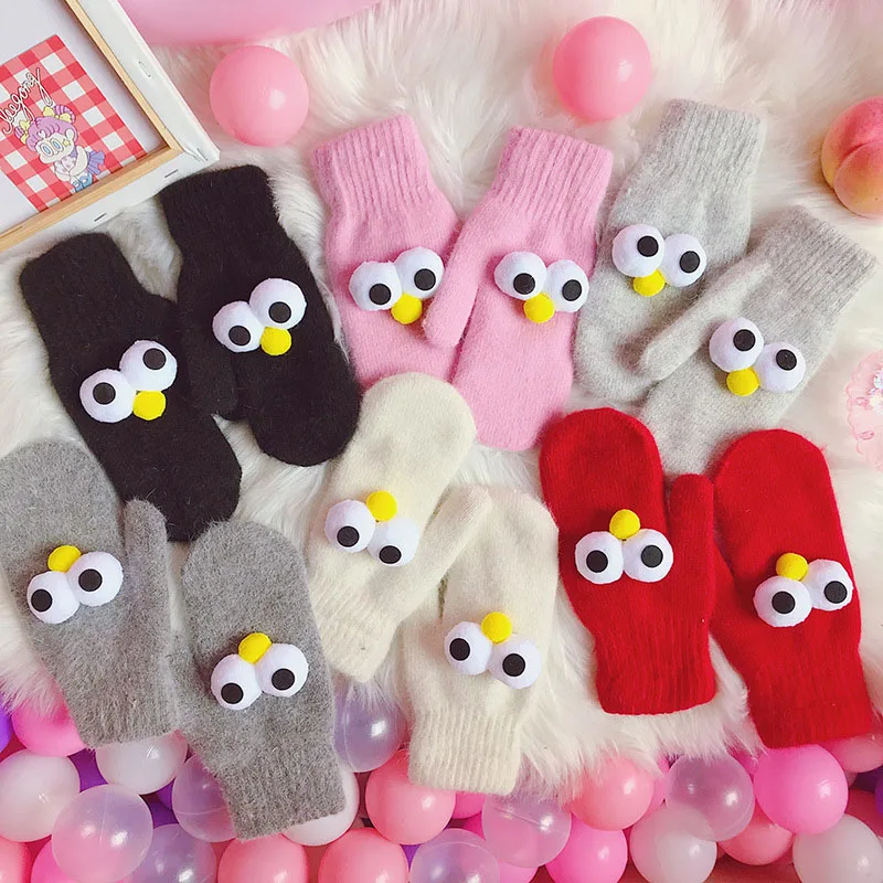 Kawaii милые плюшевые перчатки с большими глазами перчатки без пальцев для девочек guantes invierno детские зимние перчатки Handschoenen
