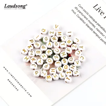 

200PCS 4X7MM Acrylic Round White Background Golden Letter Beads For DIY Children's Jewelry Making Handmade Name Chain Beading