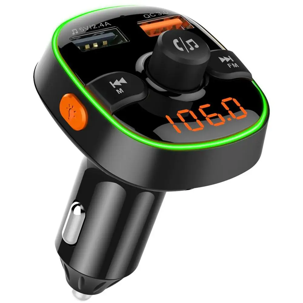 Fm-передатчик беспроводной hands-free автомобильный mp3-плеер сабвуфер красочные атмосферные огни двойной USB PD3.0 Быстрая зарядка - Название цвета: Зеленый