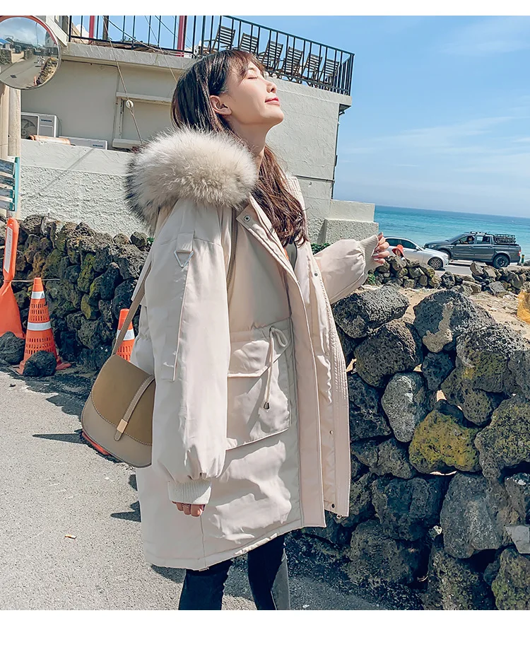 Winter jacket women Korean Version Mid-long Three-dimensional Pocket Large Hair Collar Down Cotton Clothes