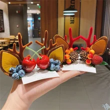 2pcs Christmas Cute Antler Hair Clips Deer Ear Hairpins Lovely Berry Mushroom Festival Headwear Xmas Mori Girl Hair Accessories