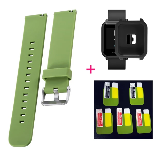 Green-black case YHNUJM силиконовый ремешок+ чехол+ 5 шт. Защитная пленка для экрана для Xiaomi Huami Amazfit Bip Youth Smart Watch - Цвет: Green-black case