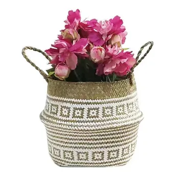 

Seagrass Storage Basket Foldable Woven Laundry Basket Container Plant Flower Pot Foldable Seagrass Belly Home Decoration