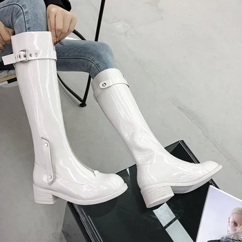 

Sexy buckle Knee High Boots Genuine Leather Female Comfortable Thick med Heels Pumps Winter Party Prom Shoes Woman