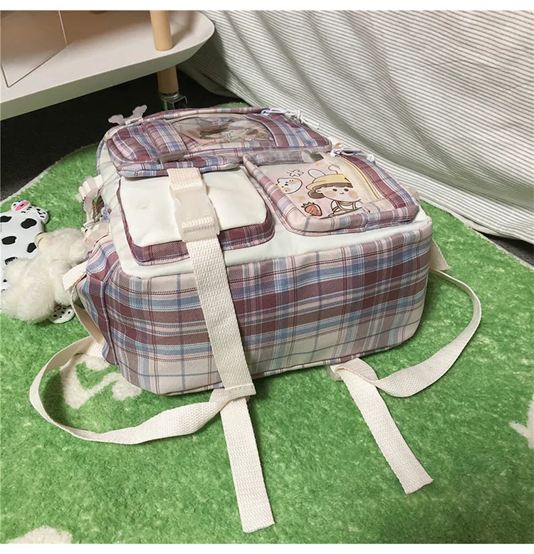 Kawaii College Style Canvas Grid Backpack - Limited Edition