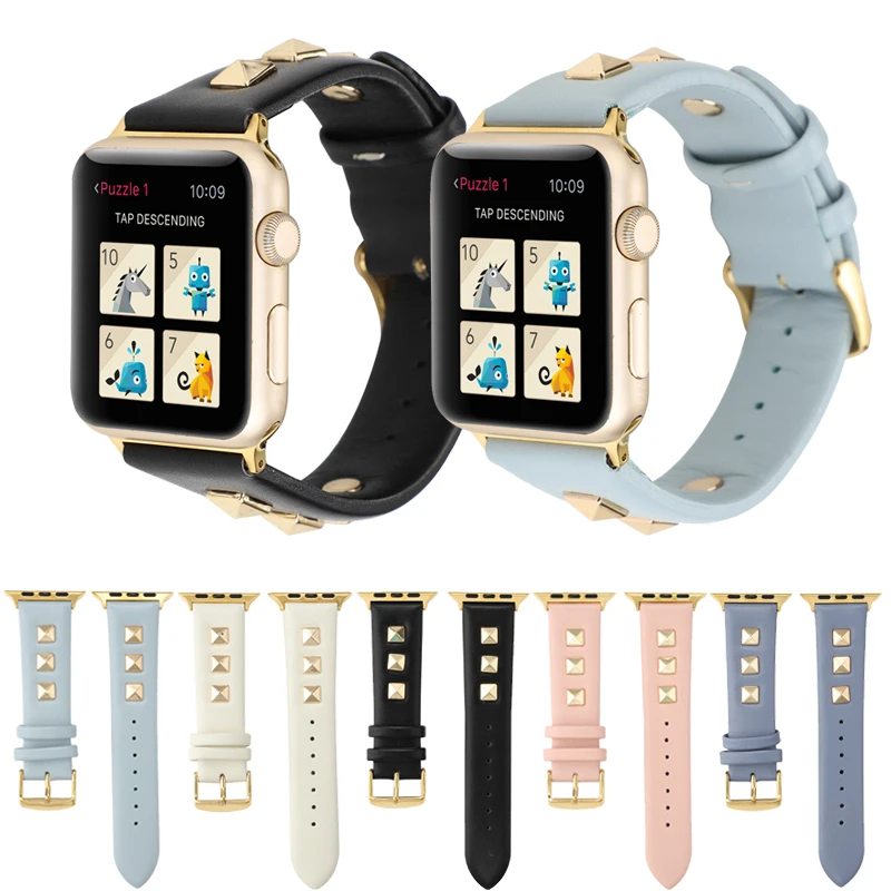 

Golden rivet leather strap For apple watch band 42/38mm apple watch 4 44mm 40mm correa replace bracelet For iwatch series 3/2/1